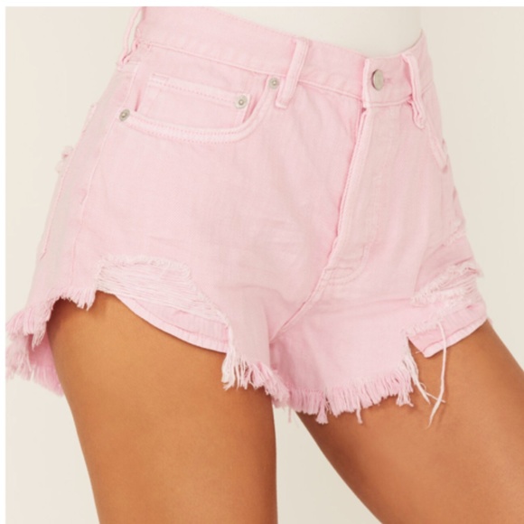 Free People Light Pink Distressed Button Fly Denim Shorts - Picture 8 of 13
